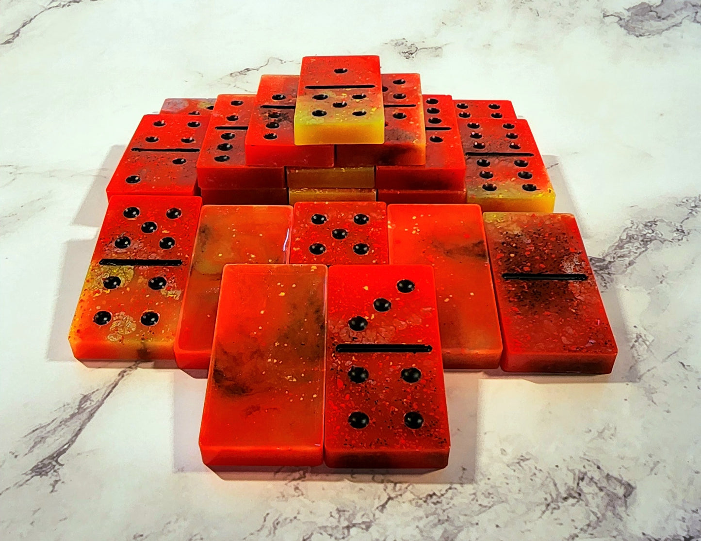 Handmade Resin Dominos - Single Set of 28 Tiles for Kids Ages 3+, Fun Educational Toy for the Classroom or Home - Fire Play Domino Set