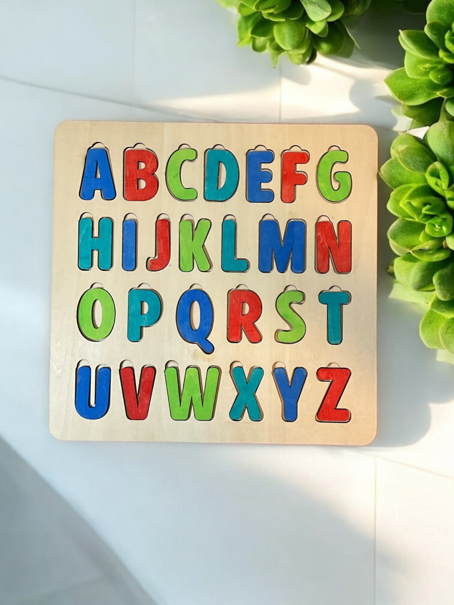 Colorful Wooden Alphabet Puzzle for Kids — 11" x 10" Montessori Learning Toy with Easy-Grip 1" Letters, Available in Painted or DIY Unpainted Versions