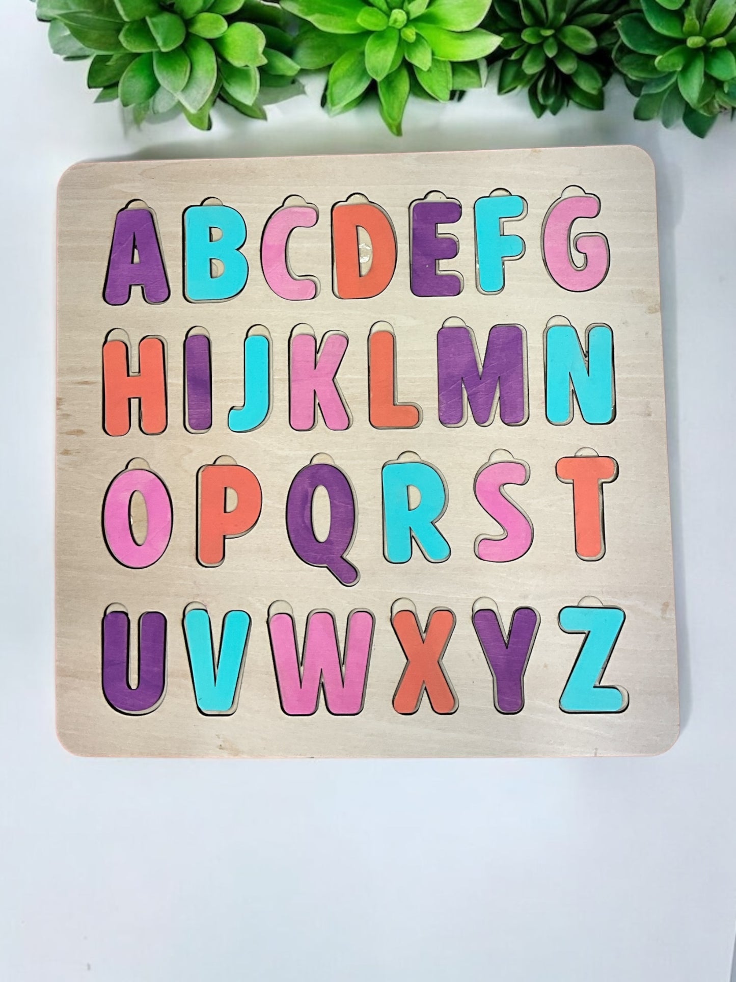 Colorful Wooden Alphabet Puzzle for Kids — 11" x 10" Montessori Learning Toy with Easy-Grip 1" Letters, Available in Painted or DIY Unpainted Versions