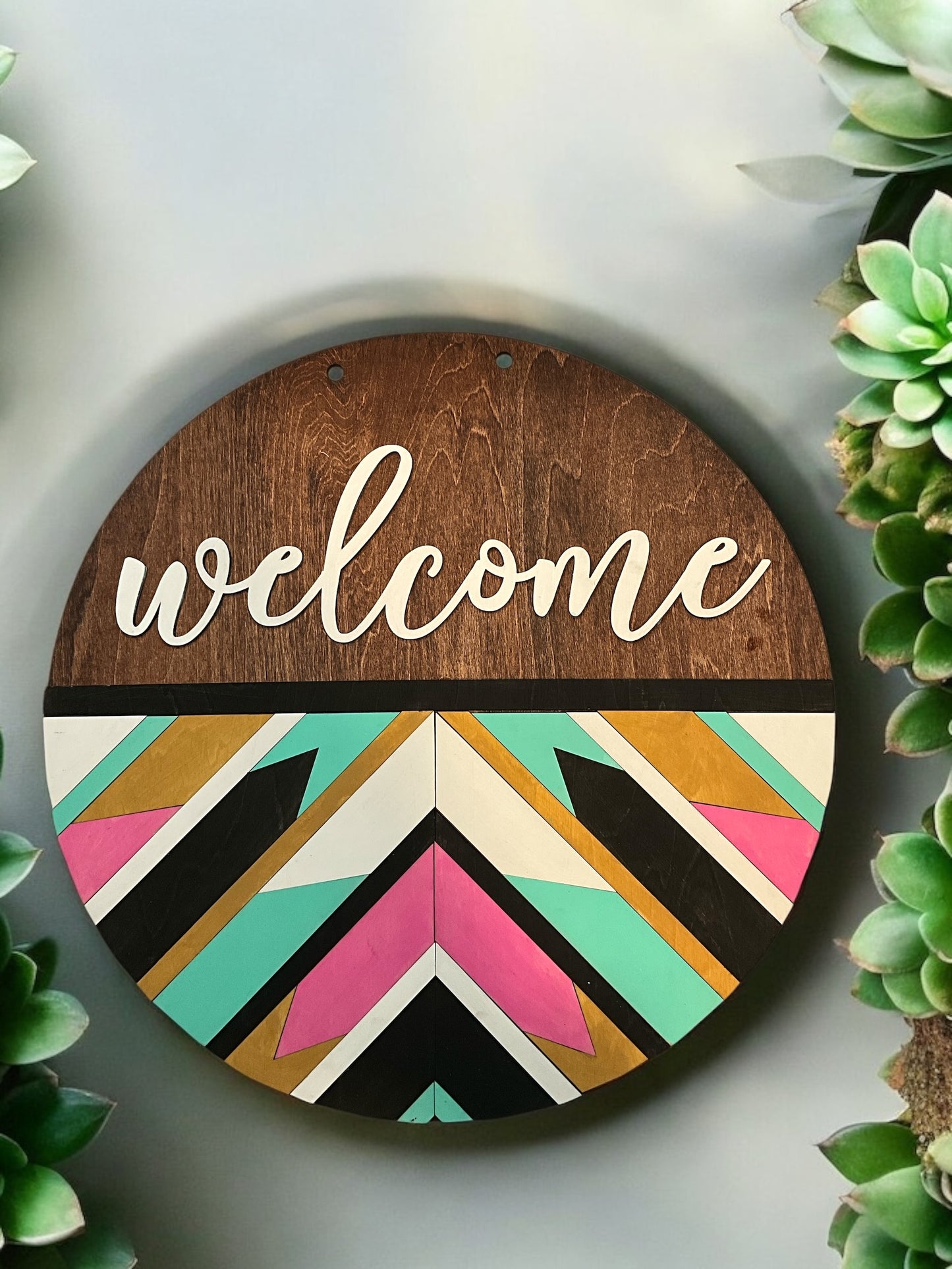 Handmade Wooden Welcome Sign – 11–12" Round Door Hanger, Rustic, Aztec, and Seasonal Designs
