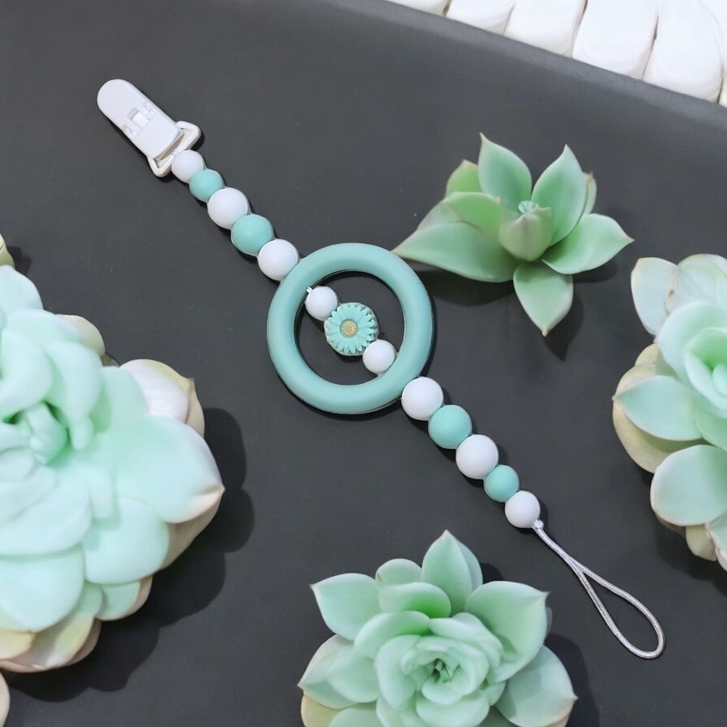 Silicone Beaded Pacifier Clip ~10” Length, Food-Safe Silicone, Multiple Cute Designs to Choose From!