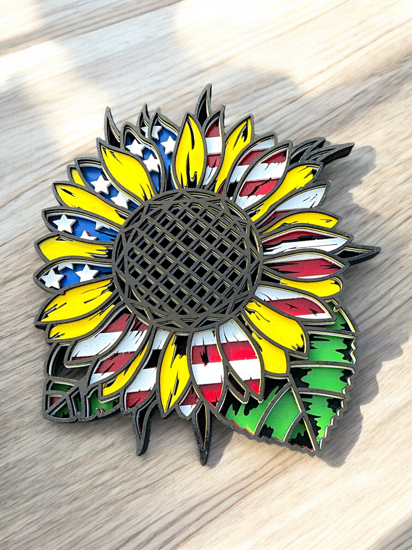 Patriotic Daisy Multi-Layer Wood Sign – Red, White & Blue Decor with Glitter Accents – Indoor MDF Wall Art