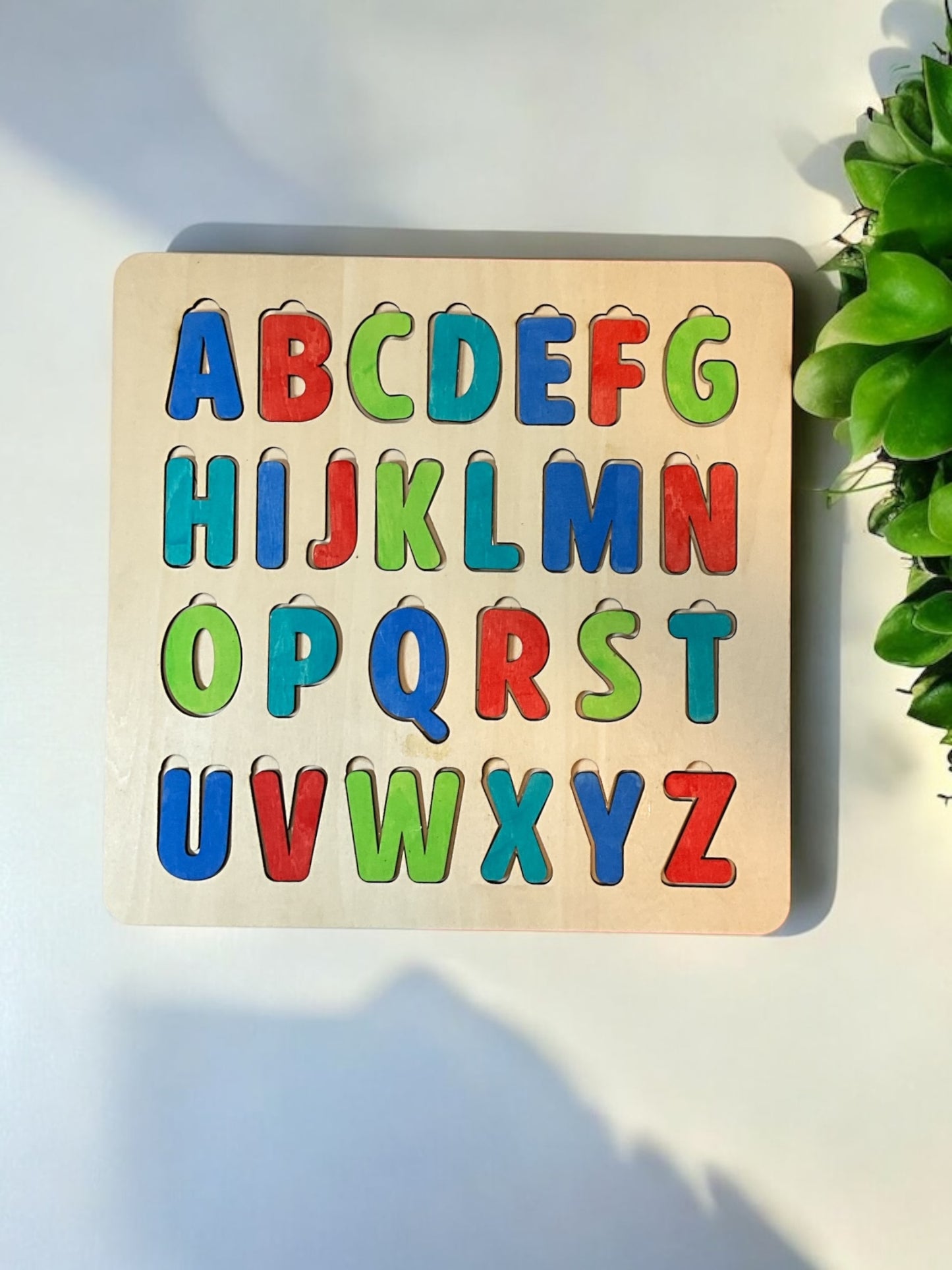 Colorful Wooden Alphabet Puzzle for Kids — 11" x 10" Montessori Learning Toy with Easy-Grip 1" Letters, Available in Painted or DIY Unpainted Versions