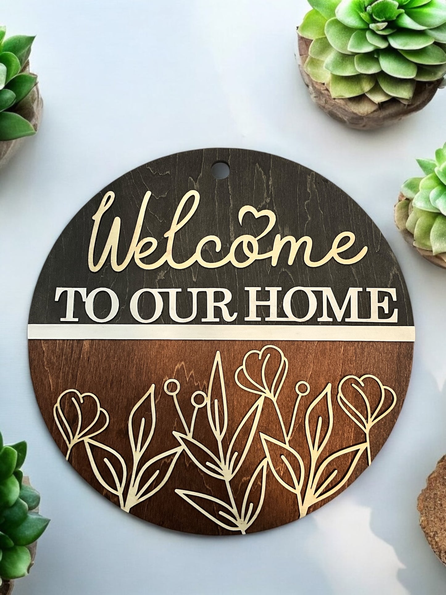 Handmade Wooden Welcome Sign – 11–12" Round Door Hanger, Rustic, Aztec, and Seasonal Designs