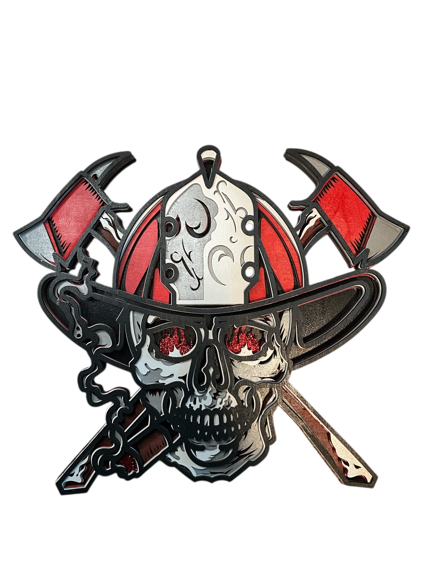 Handcrafted Firefighter Skull Wall Art – Multi-Layer 3D Design with Helmet, Cigar, and Axes