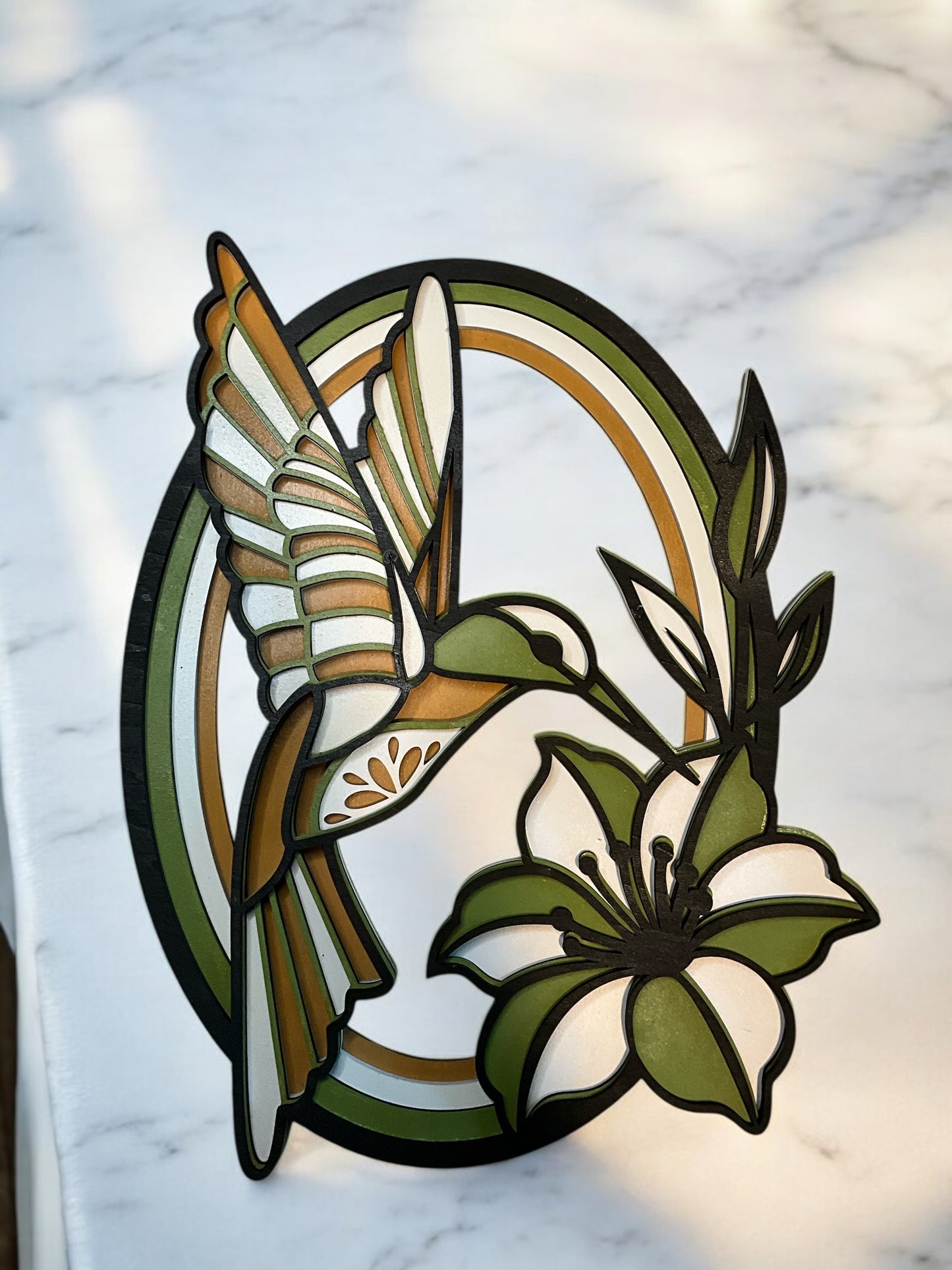 Handcrafted 4-Layer Wooden Boho Nature Wall Art – Hummingbird, Butterfly, Dragonfly & Floral Design
