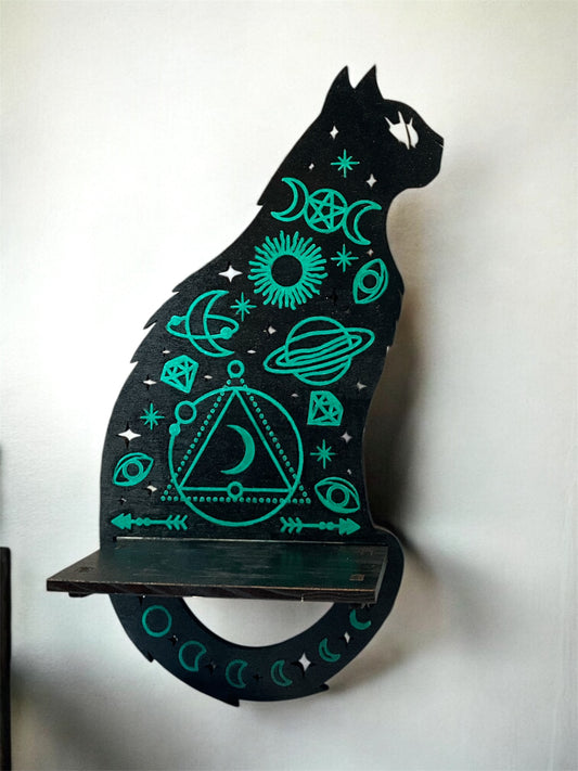 Mystic Cat Crystal Shelf – Handmade Wall Altar Display for Crystals, Stones & Sacred Decor