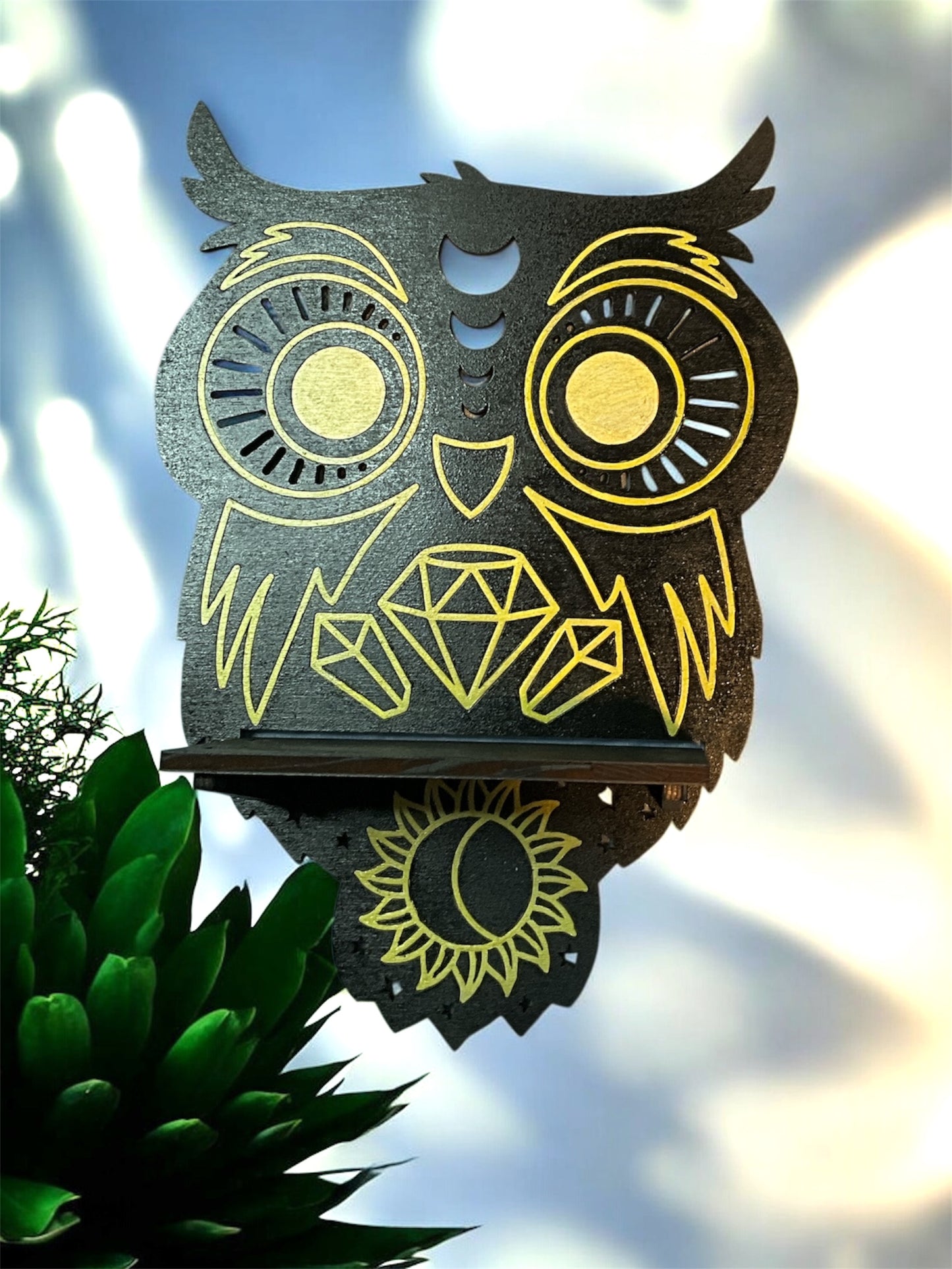 Mystic Owl Crystal Shelf – Handmade Wall Altar Display for Crystals, Stones & Sacred Decor