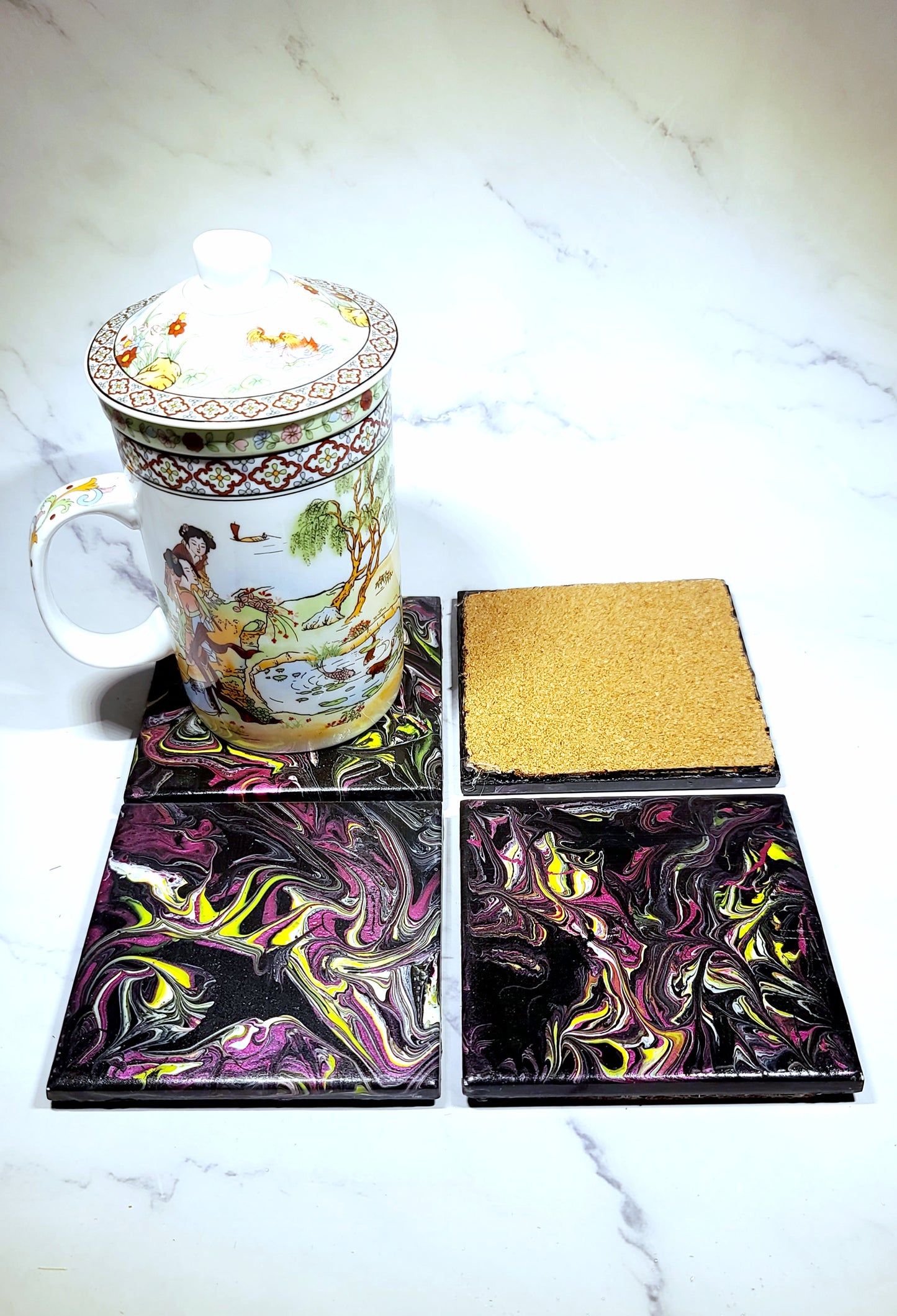 Swirled Chaos Handcrafted Ceramic Coasters for Beverages, Cups - Heat Resistant for Mugs, Cups, Office, Kitchen, Home Decor - Cork Base Set of 4