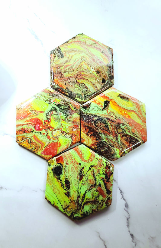 Handcrafted Hexagon Ceramic Coasters for Beverages - Heat Resistant for Mugs, Cups, Office, Kitchen - Cork Base Set of 4 (Glowing Sludge)