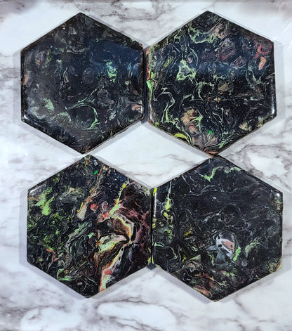 Green Veins Handcrafted Ceramic Coasters for Beverages, Cups - Heat Resistant for Mugs, Cups, Office, Kitchen, Home Decor - Cork Base Set of 4 Hexagon