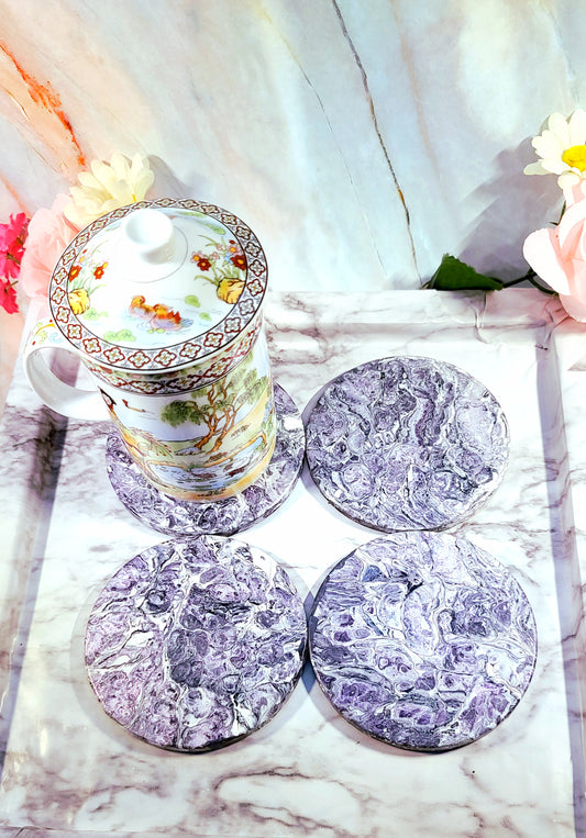 Silver Lavender Handcrafted Ceramic Coasters for Beverages, Cups - Heat Resistant for Mugs, Cups, Office, Kitchen, Home Decor - Cork Base Set of 4 Circle