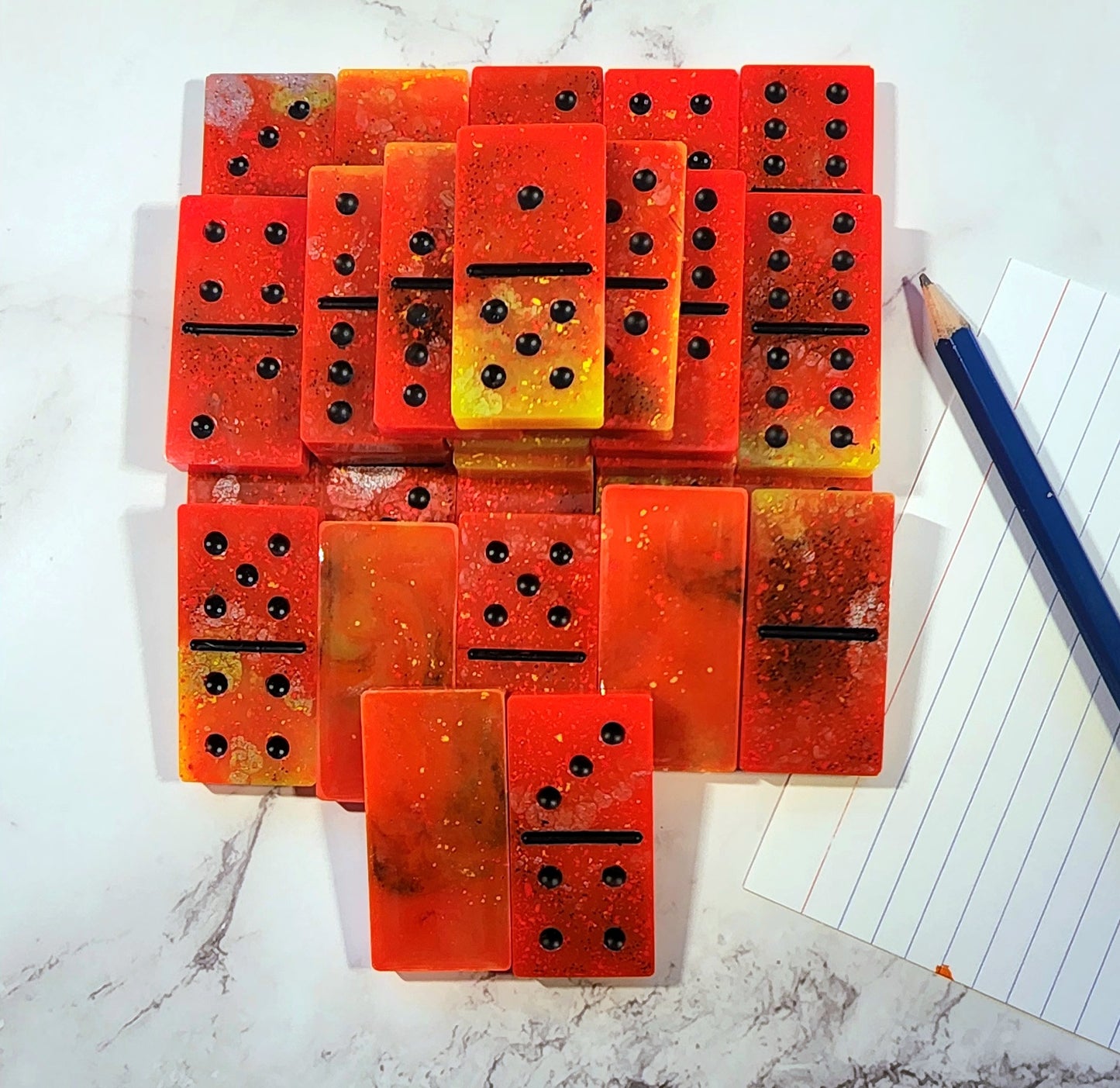 Handmade Resin Dominos -  Single Set of 28 Tiles for Kids Ages 3+,  Fun Educational Toy for the Classroom or Home - Fire Play Domino Set