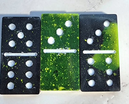 Handmade Resin Dominos -  Single Set of 28 Tiles for Kids Ages 3+,  Fun Educational Toy for the Classroom or Home, Excellent for Game Night or Travel - Green and Black Glow