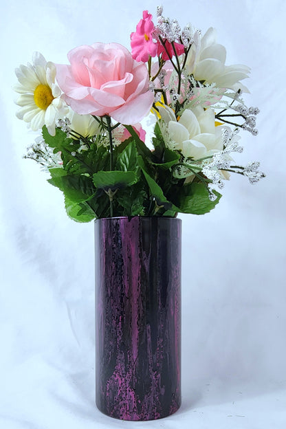 7" Cylinder Painted Glass Decorative Vase - Handmade Glass Flower Vase (Dark Purple and White)