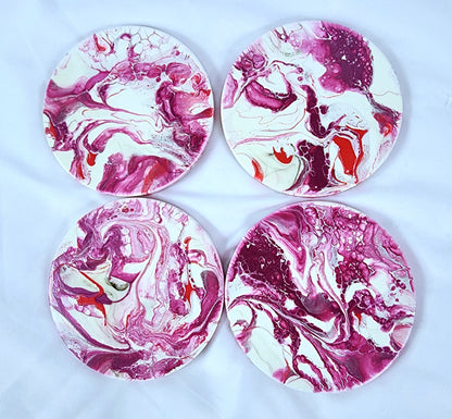 Raspberry Swirl - Handcrafted Circle Ceramic Coasters for Beverages, Cups - Heat Resistant for Mugs, Cups, Office, Kitchen, Home Decor - Cork Base Set of 4 Circle