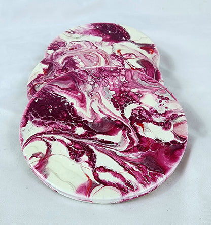 Raspberry Swirl - Handcrafted Circle Ceramic Coasters for Beverages, Cups - Heat Resistant for Mugs, Cups, Office, Kitchen, Home Decor - Cork Base Set of 4 Circle