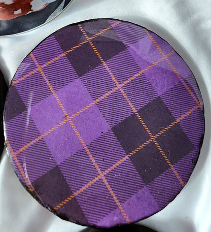 Purple Plaid Handcrafted Ceramic Coasters for Beverages - Heat Resistant for Mugs, Cups, Office, Kitchen - Cork Base Set of 4 Circle