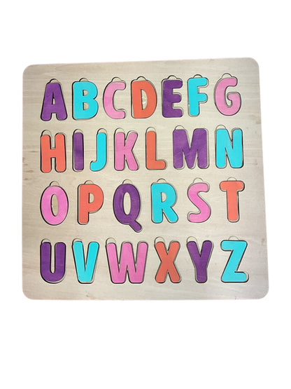 Colorful Wooden Alphabet Puzzle for Kids — 11" x 10" Montessori Learning Toy with Easy-Grip 1" Letters, Available in Painted or DIY Unpainted Versions