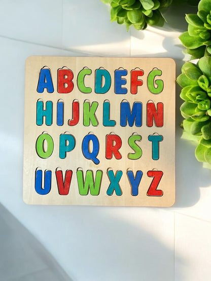 Colorful Wooden Alphabet Puzzle for Kids — 11" x 10" Montessori Learning Toy with Easy-Grip 1" Letters, Available in Painted or DIY Unpainted Versions