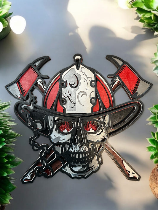 Handcrafted Firefighter Skull Wall Art – Multi-Layer 3D Design with Helmet, Cigar, and Axes