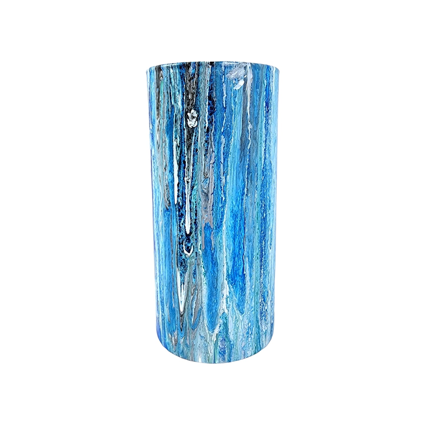 7" Cylinder Painted Glass Decorative Vase - Handmade Glass Flower Vase for Centerpieces, Décor, Flowers, Modern Home and Office Décor (Metallic Blues)