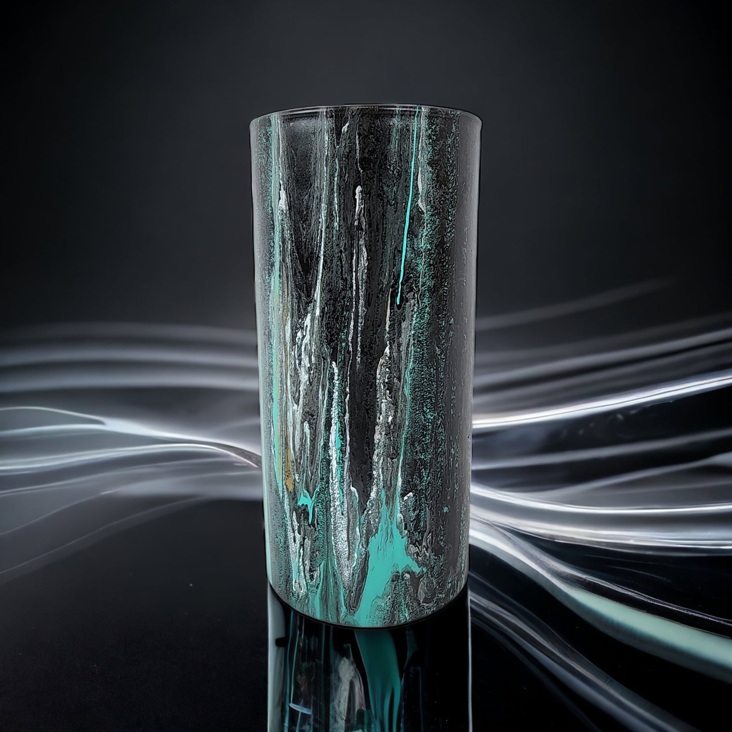 7" Cylinder Painted Glass Decorative Vase - Handmade Glass Flower Vase for Centerpieces, Décor, Flowers, Modern Home and Office Décor (Black and Teal)