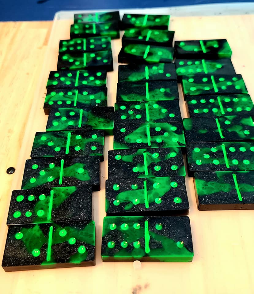 Handmade Resin Dominos -  Single Set of 28 Tiles for Kids Ages 3+,  Fun Educational Toy for the Classroom or Home, Excellent for Game Night or Travel - Green and Black Glow