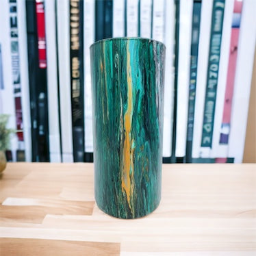 7" Cylinder Painted Glass Decorative Vase - Handmade Glass Flower Vase for Centerpieces, Décor, Flowers, Modern Home and Office Décor (Green and Gold)