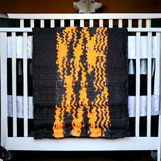 Cozy Wanderlost Kids Hand-Knit Chunky Chenille Blankets for Babies, Toddlers and Bigger Kids 38” x 55” Orange and Black