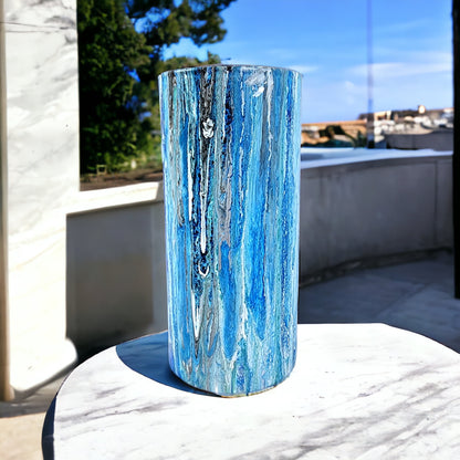 7" Cylinder Painted Glass Decorative Vase - Handmade Glass Flower Vase for Centerpieces, Décor, Flowers, Modern Home and Office Décor (Metallic Blues)