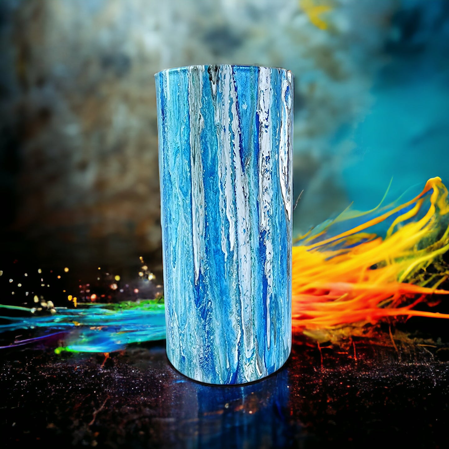 7" Cylinder Painted Glass Decorative Vase - Handmade Glass Flower Vase for Centerpieces, Décor, Flowers, Modern Home and Office Décor (Metallic Blues)