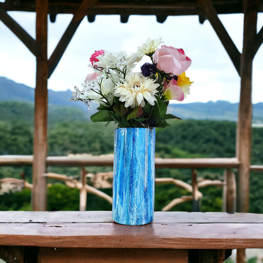 7" Cylinder Painted Glass Decorative Vase - Handmade Glass Flower Vase for Centerpieces, Décor, Flowers, Modern Home and Office Décor (Metallic Blues)