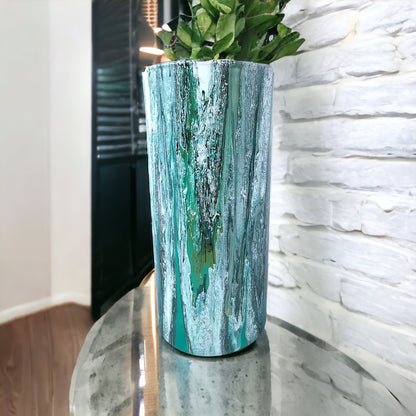 7" Cylinder Painted Glass Decorative Vase - Handmade Glass Flower Vase for Centerpieces, Décor, Flowers, Modern Home and Office Décor (Green and White)