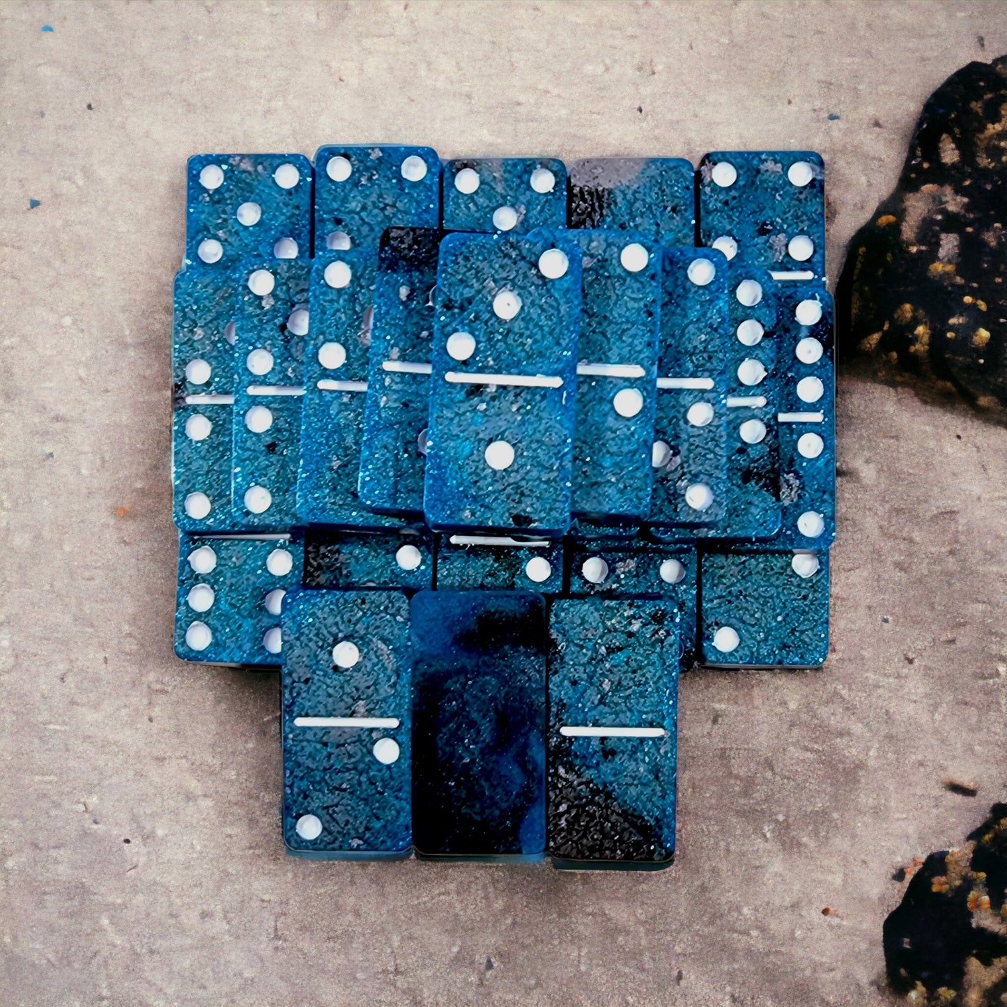 Handmade Resin Dominos -  Single Set of 28 Tiles for Kids Ages 3+,  Fun Educational Toy for the Classroom or Home - Blue Sparkles Domino Set