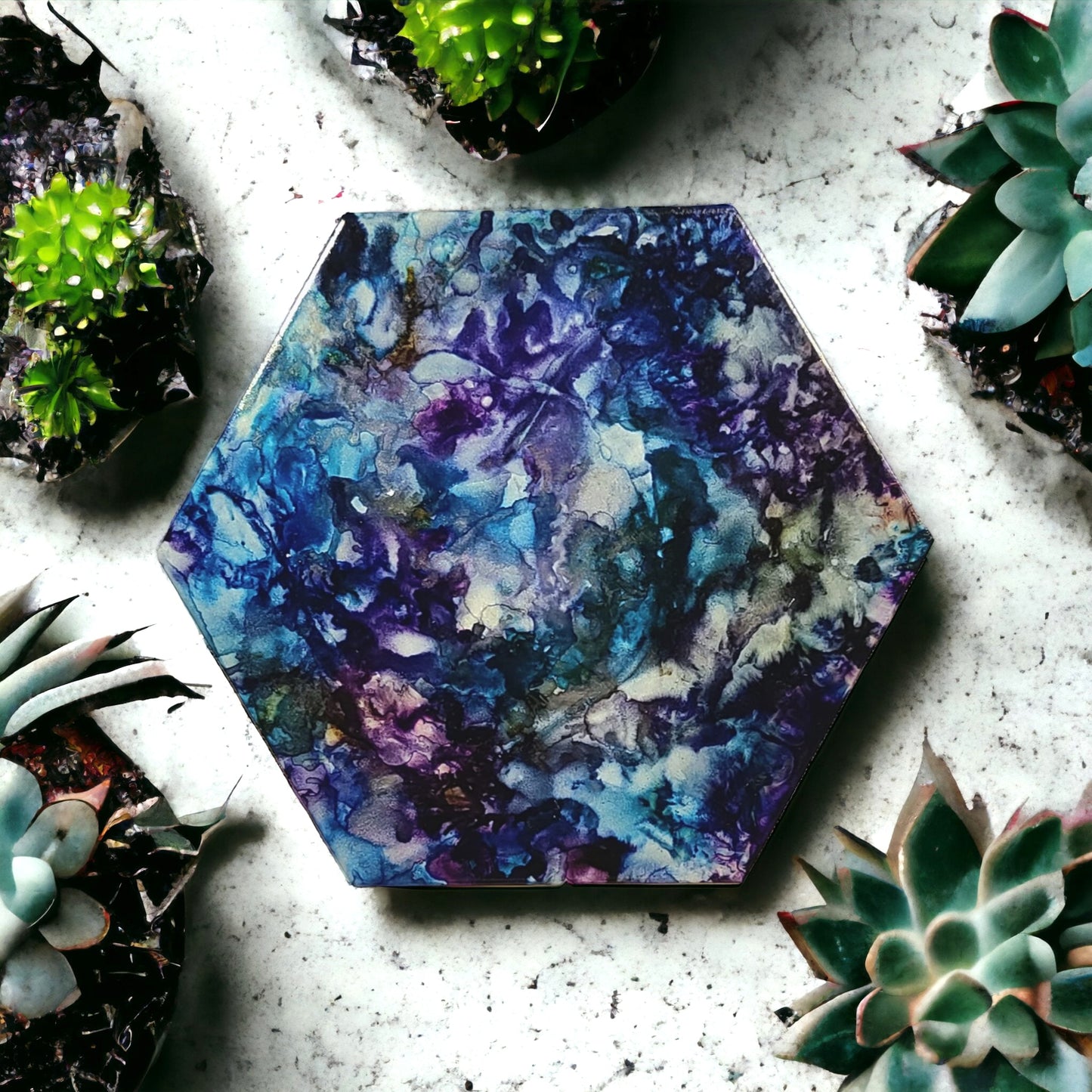 Blue & Purples Alcohol Ink Hand Crafted Ceramic Trivet Hot Pad for Hot Pots and Pans, Kitchen Decor for Table, Heat Resistant Cork Mat Bottom, Heat Resistant Seal (Hexagon Shaped - 6.75" x 7.75" x .5")