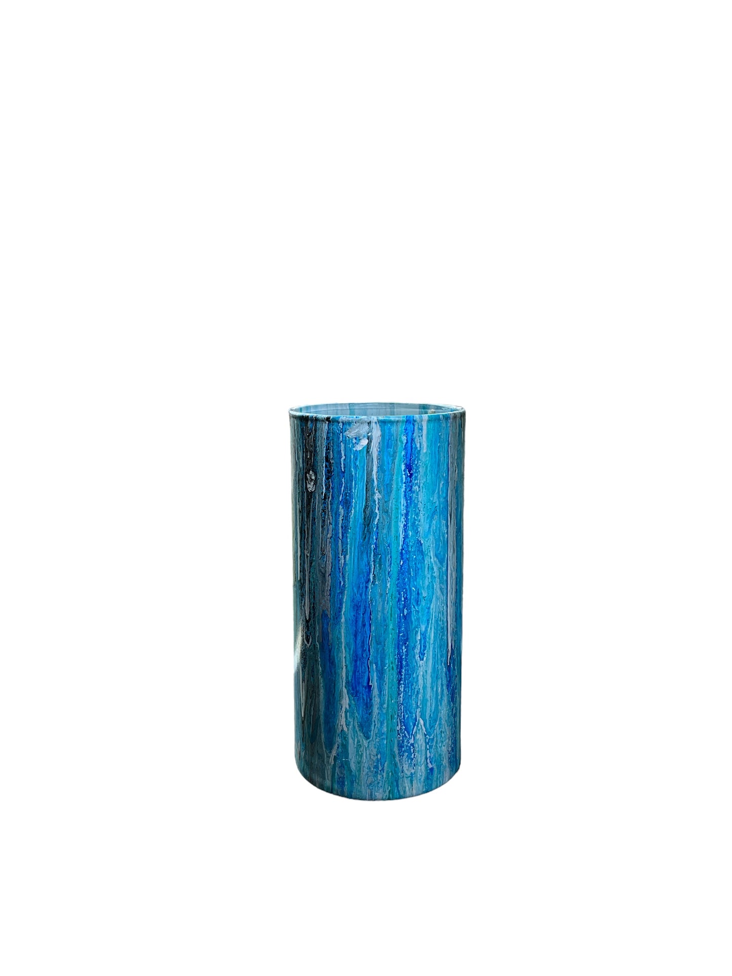 7" Cylinder Painted Glass Decorative Vase - Handmade Glass Flower Vase for Centerpieces, Décor, Flowers, Modern Home and Office Décor (Metallic Blues)