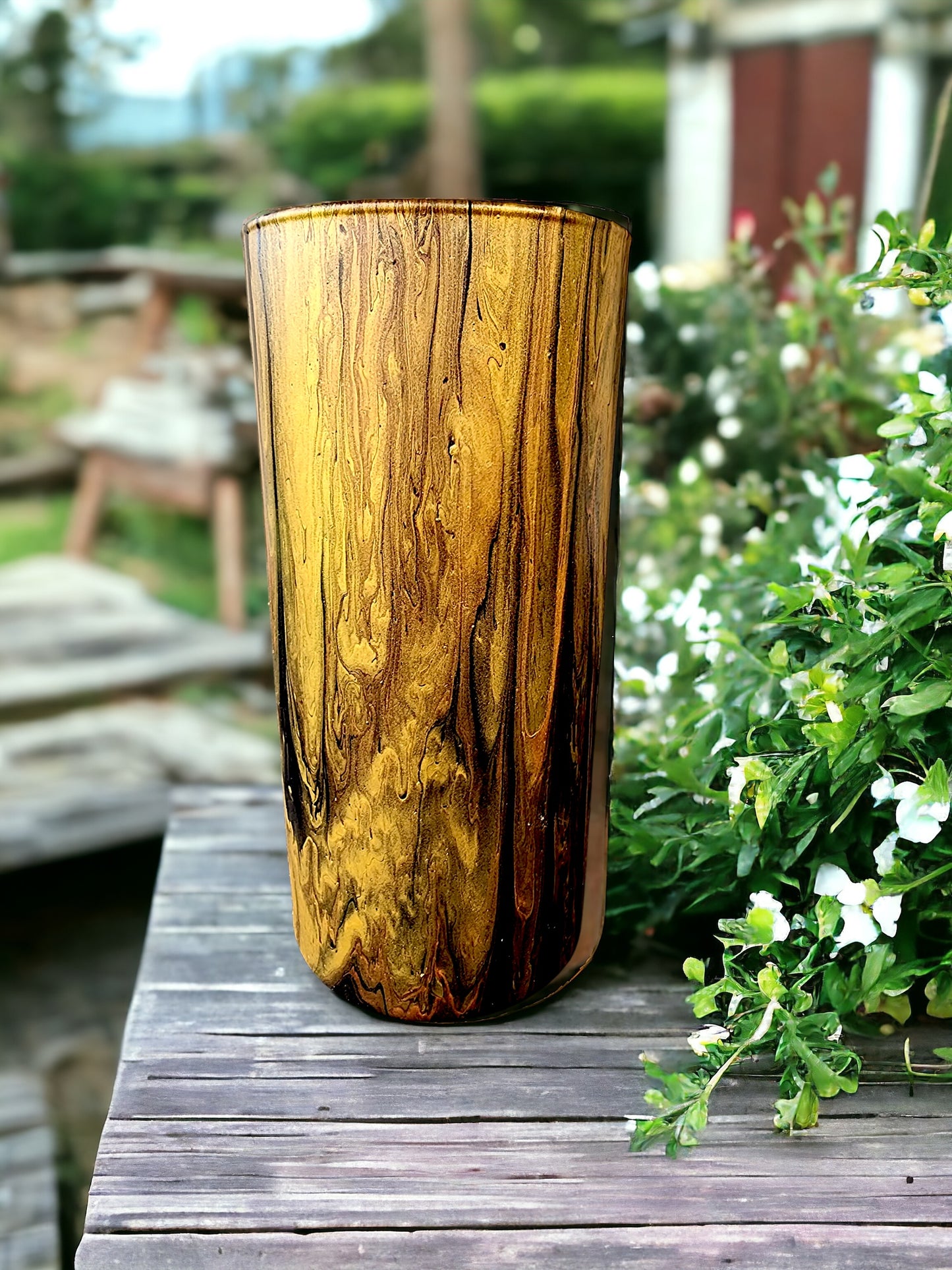 Enchanting Hand-Pour Painted Glass Flower Vase for Home & Office - 7 Inches tall- One-of-a-Kind Artistry by WanderLost Artz - Copper Gold