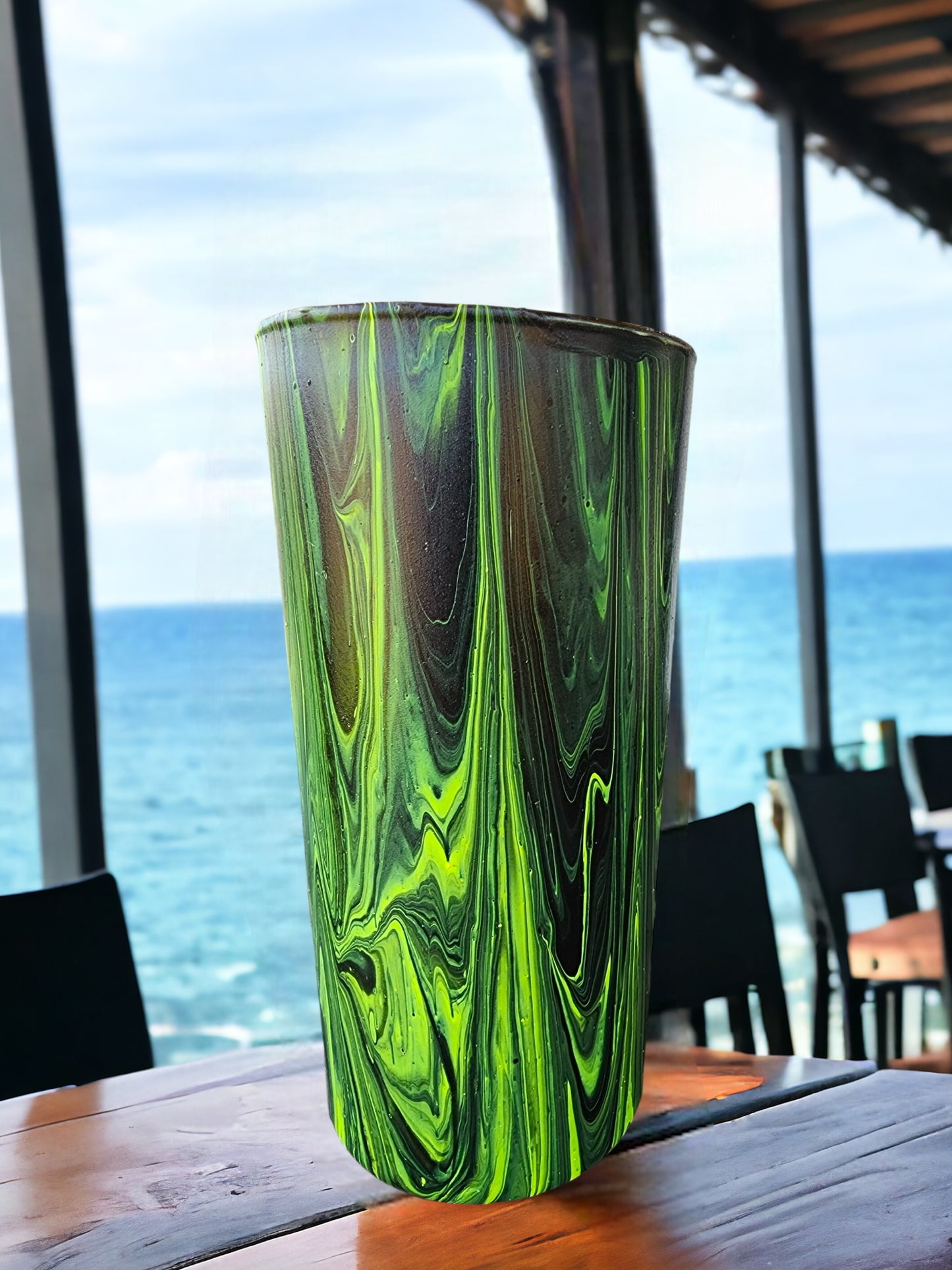 7" Cylinder Painted Glass Decorative Vase - Handmade Glass Flower Vase for Centerpieces, Décor, Flowers, Modern Home and Office Décor (Bright Green and Black)