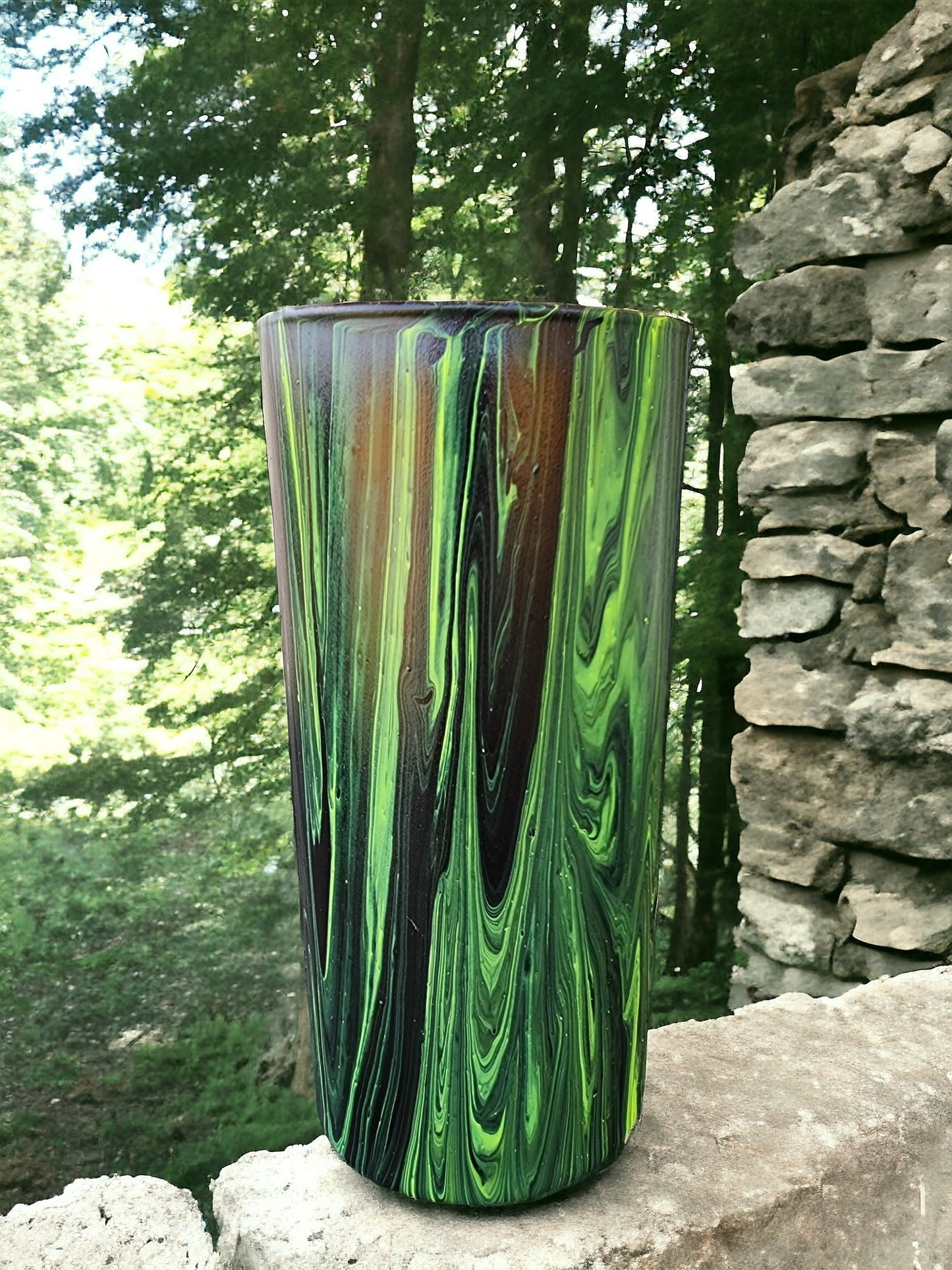 7" Cylinder Painted Glass Decorative Vase - Handmade Glass Flower Vase for Centerpieces, Décor, Flowers, Modern Home and Office Décor (Bright Green and Black)