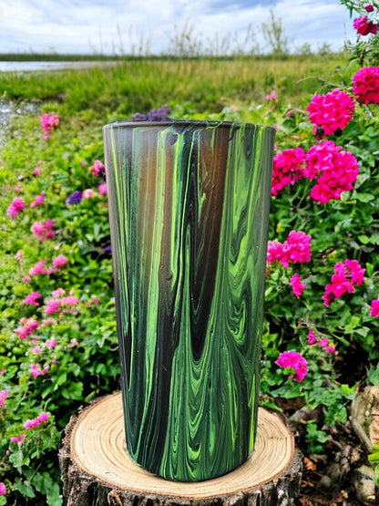 7" Cylinder Painted Glass Decorative Vase - Handmade Glass Flower Vase for Centerpieces, Décor, Flowers, Modern Home and Office Décor (Bright Green and Black)