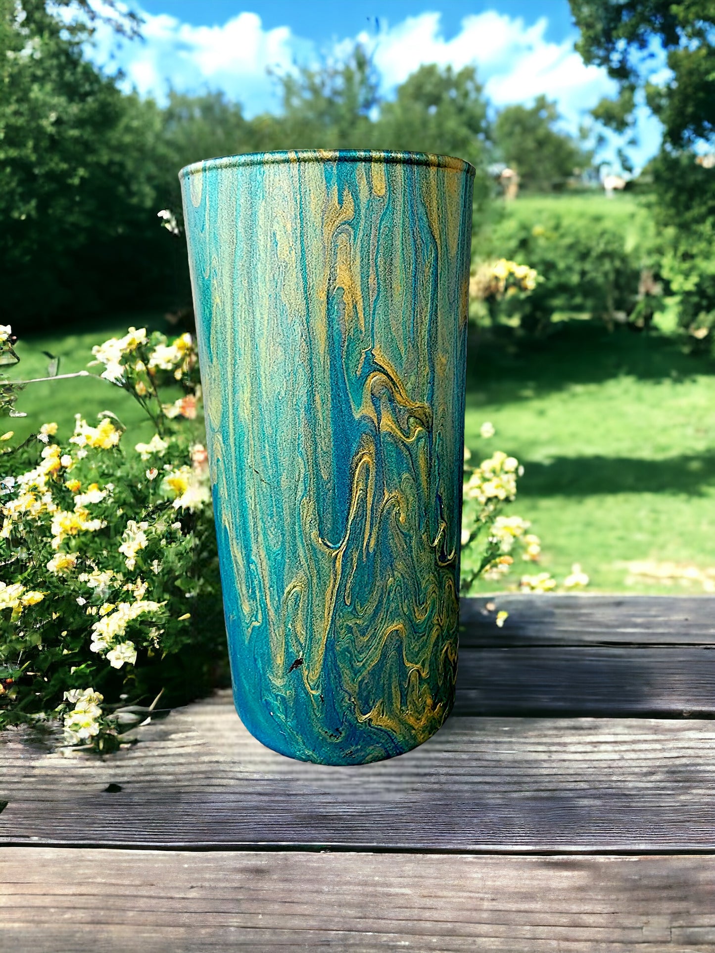 Enchanting Hand-Pour Painted Glass Flower Vase for Home & Office - 7 Inches tall- One-of-a-Kind Artistry by WanderLost Artz - Gold Teal