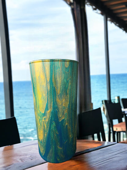 Enchanting Hand-Pour Painted Glass Flower Vase for Home & Office - 7 Inches tall- One-of-a-Kind Artistry by WanderLost Artz - Gold Teal