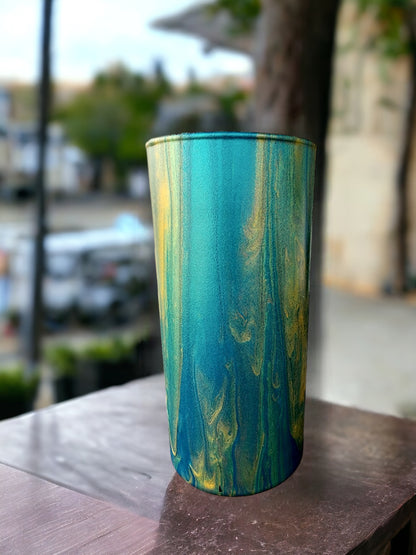 Enchanting Hand-Pour Painted Glass Flower Vase for Home & Office - 7 Inches tall- One-of-a-Kind Artistry by WanderLost Artz - Gold Teal