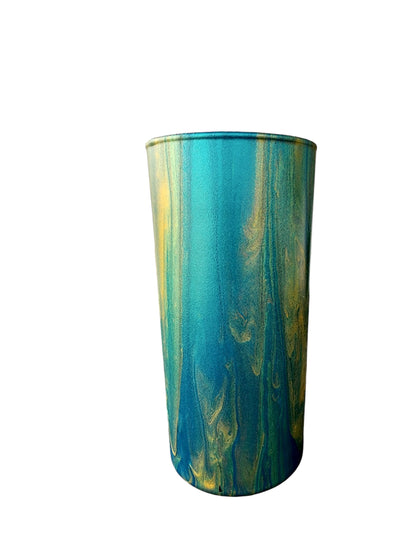 Enchanting Hand-Pour Painted Glass Flower Vase for Home & Office - 7 Inches tall- One-of-a-Kind Artistry by WanderLost Artz - Gold Teal