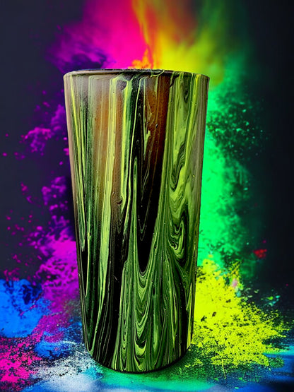 7" Cylinder Painted Glass Decorative Vase - Handmade Glass Flower Vase for Centerpieces, Décor, Flowers, Modern Home and Office Décor (Bright Green and Black)