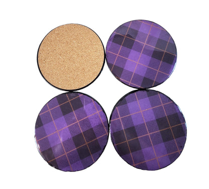 Purple Plaid Handcrafted Ceramic Coasters for Beverages - Heat Resistant for Mugs, Cups, Office, Kitchen - Cork Base Set of 4 Circle