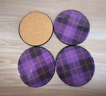 Purple Plaid Handcrafted Ceramic Coasters for Beverages - Heat Resistant for Mugs, Cups, Office, Kitchen - Cork Base Set of 4 Circle