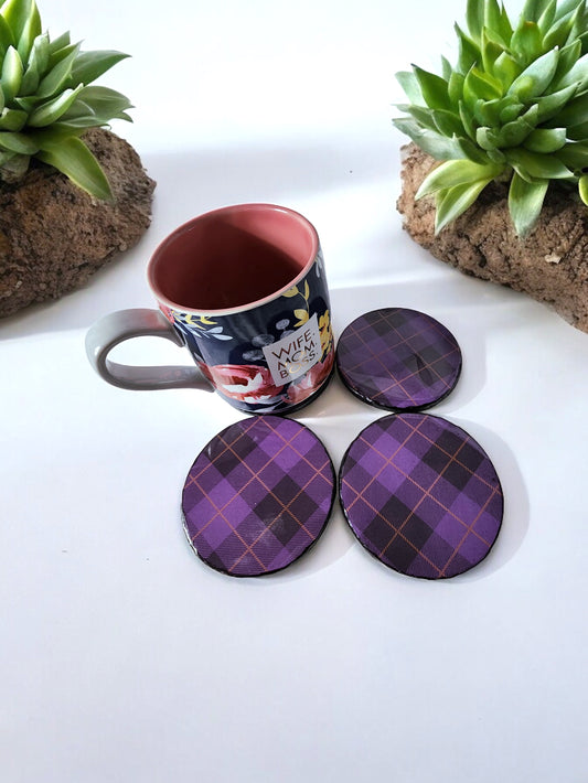 Purple Plaid Handcrafted Ceramic Coasters for Beverages - Heat Resistant for Mugs, Cups, Office, Kitchen - Cork Base Set of 4 Circle