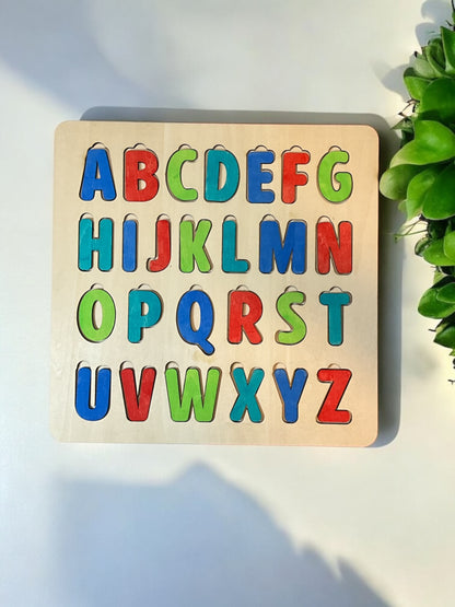 Colorful Wooden Alphabet Puzzle for Kids — 11" x 10" Montessori Learning Toy with Easy-Grip 1" Letters, Available in Painted or DIY Unpainted Versions